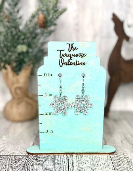 Medium silver acrylic snowflake earrings