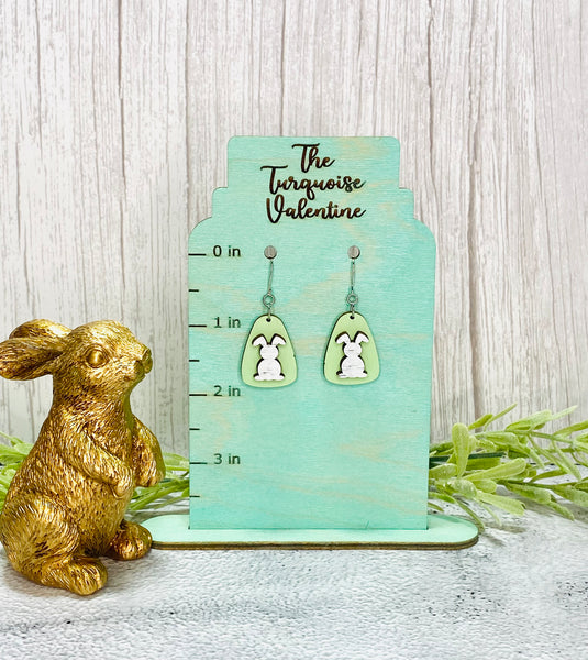 Distressed bunny on green earrings