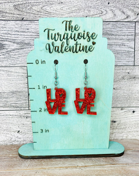 LOVE red sparkle shimmer acrylic earrings