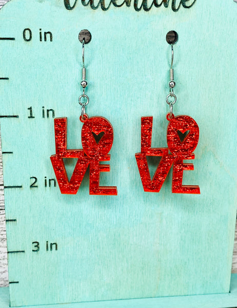 LOVE red sparkle shimmer acrylic earrings
