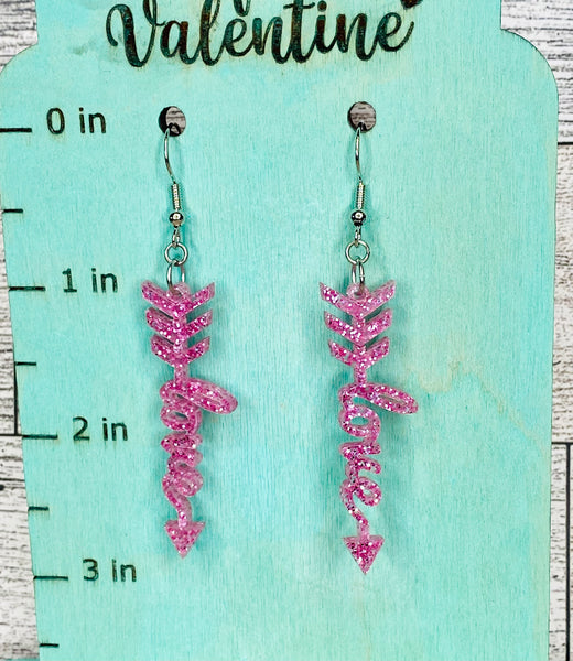 Love arrow pink glitter acrylic earrings