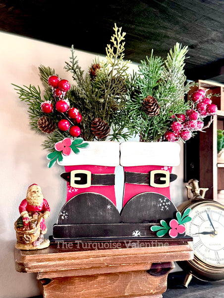 Shelf sitter Santa boots with slots to hold greenery DIY kit