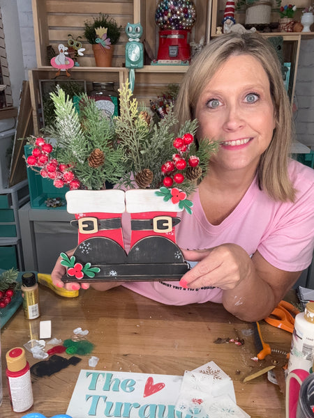 Shelf sitter Santa boots with slots to hold greenery DIY kit