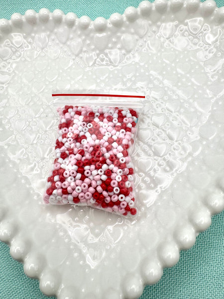 Red, white and pink seed beads 3mm