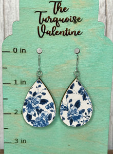 Blue and white large teardrop earrings