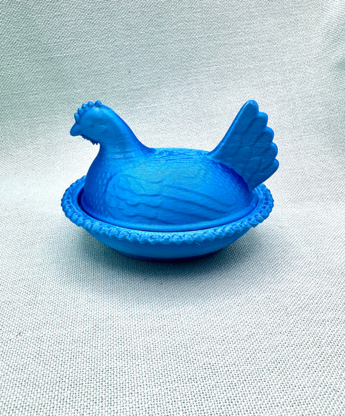 Blue 3D printed hen on nest trinket dish