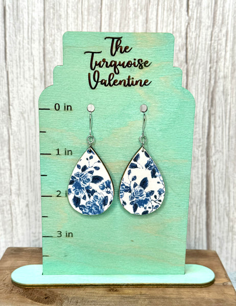 Blue and white large teardrop earrings