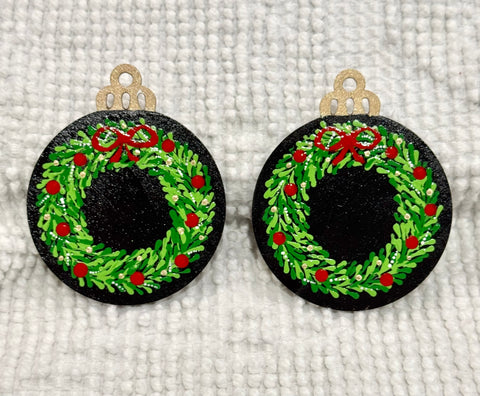 Set of two wood ornaments with hand painted wreaths #90