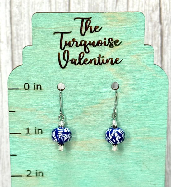 Blue and white bead earrings