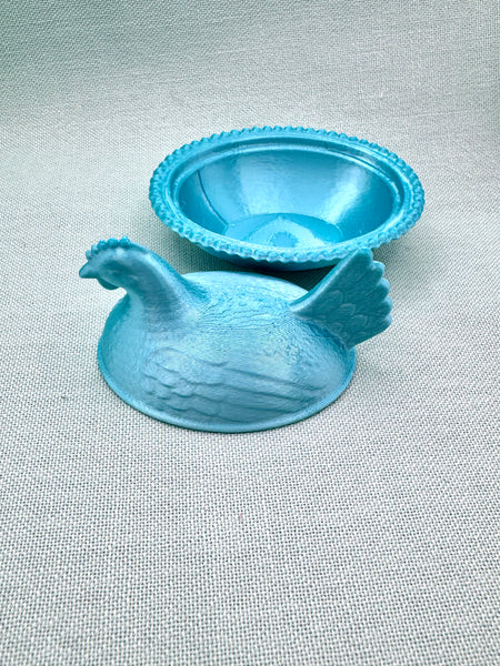 Teal blue hen on nest trinket dish