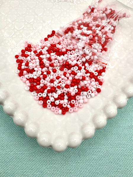 Red, white and pink seed beads 3mm