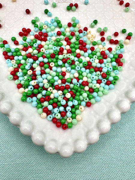 4mm round green, red, blue and white beads