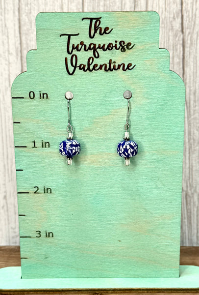 Blue and white bead earrings