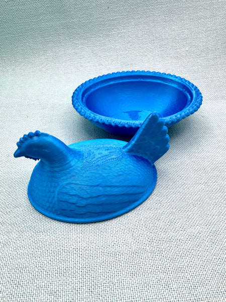 Blue 3D printed hen on nest trinket dish