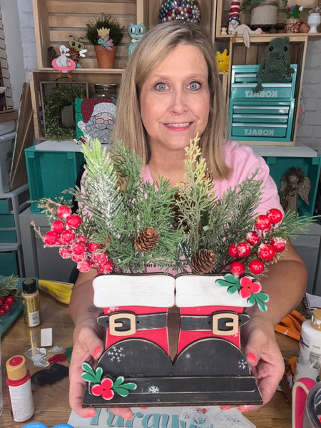 Shelf sitter Santa boots with slots to hold greenery DIY kit