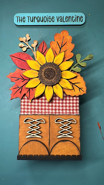 Shelf sitter boots and fall flowers 2x4 DIY kit