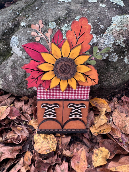 Shelf sitter boots and fall flowers 2x4 DIY kit