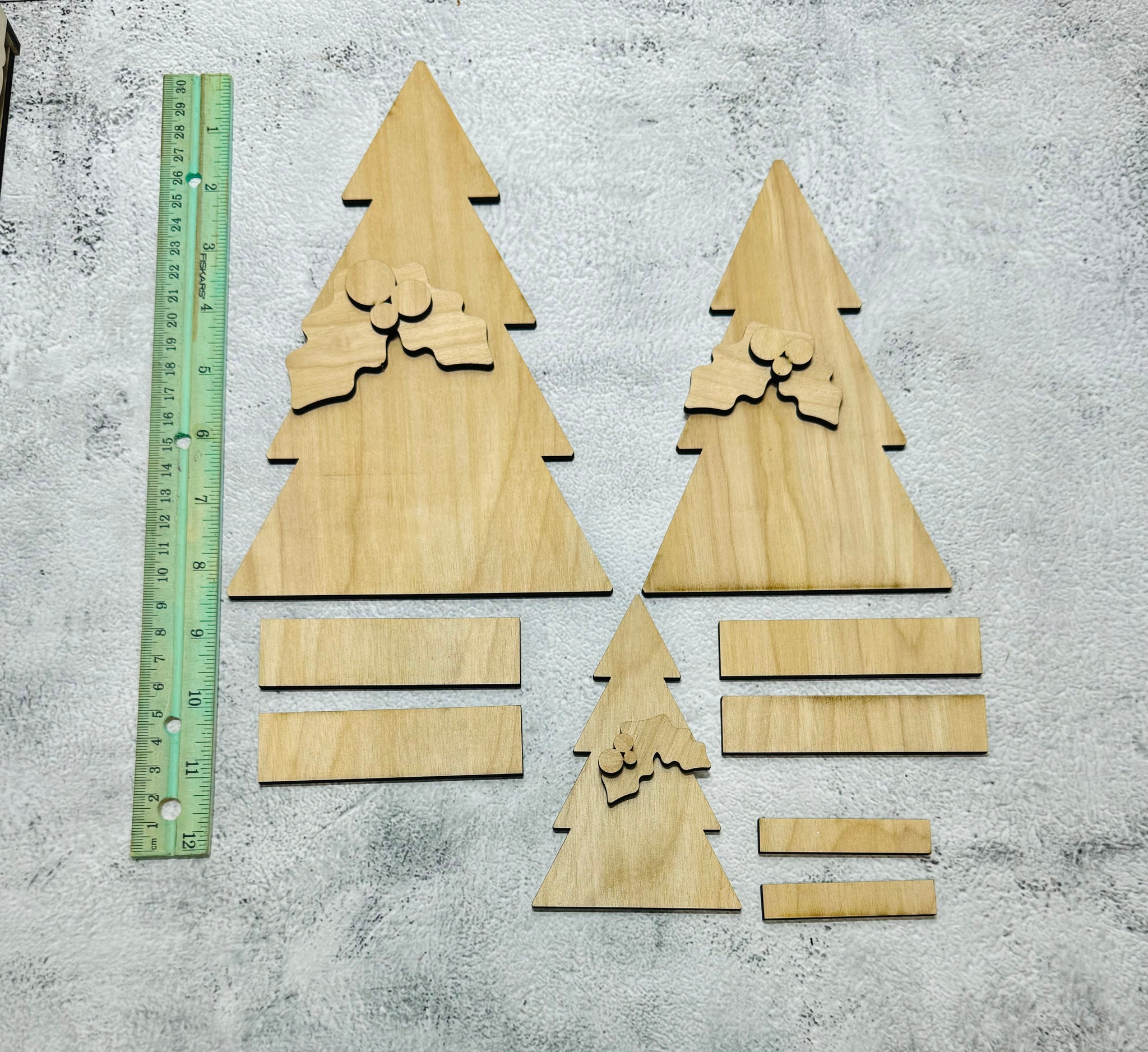 Set of 3 standing trees with holly accents