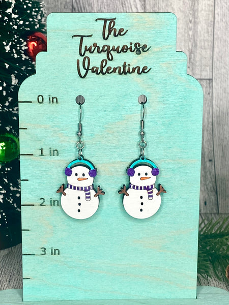 Ear muff snowman earrings blue and purple
