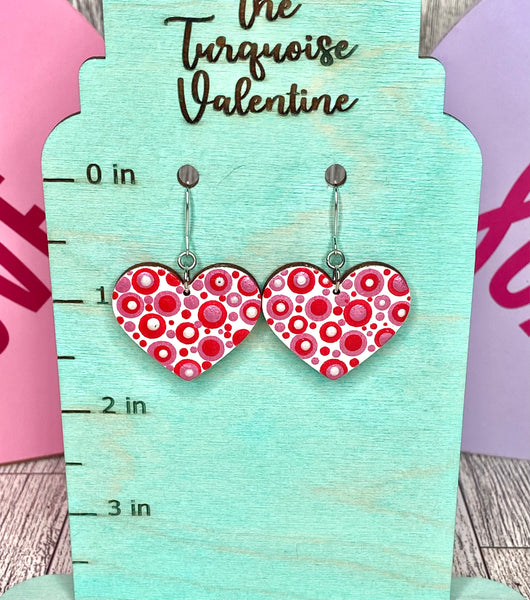 White with red and pink dot heart earrings