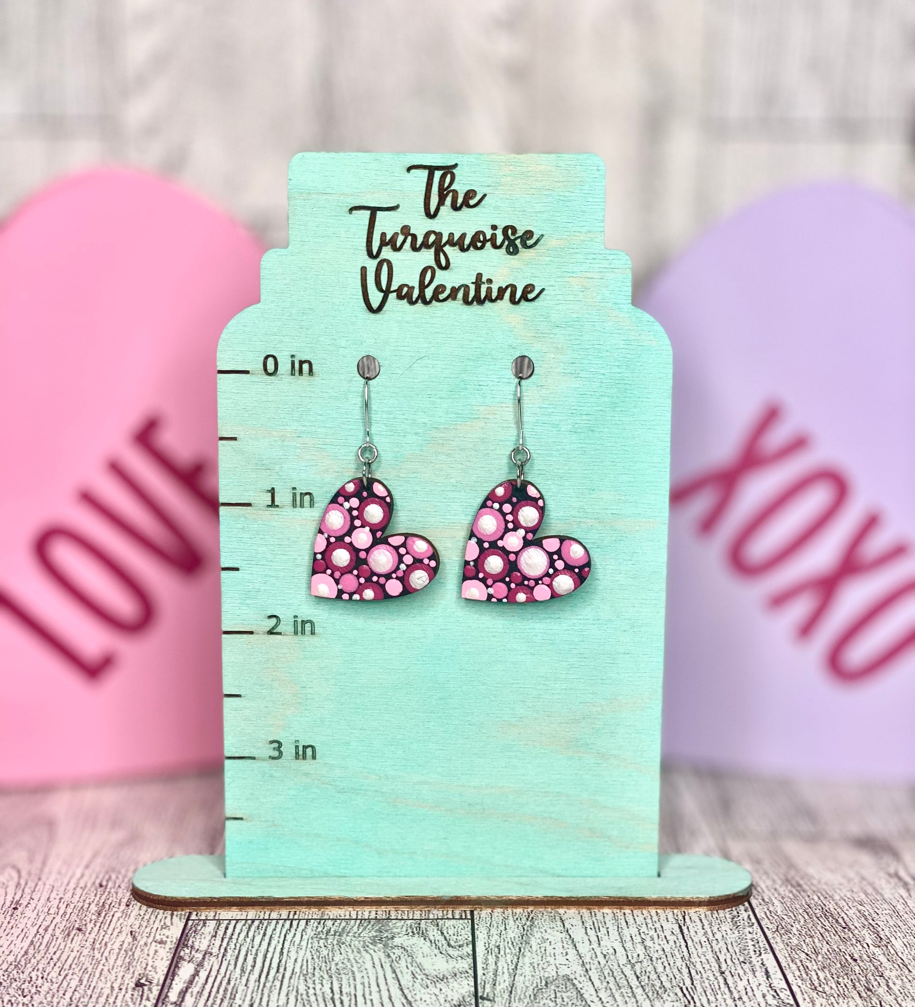 Black hearts with pink and pearl dot earrings