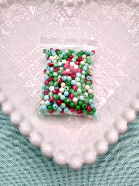 4mm round green, red, blue and white beads