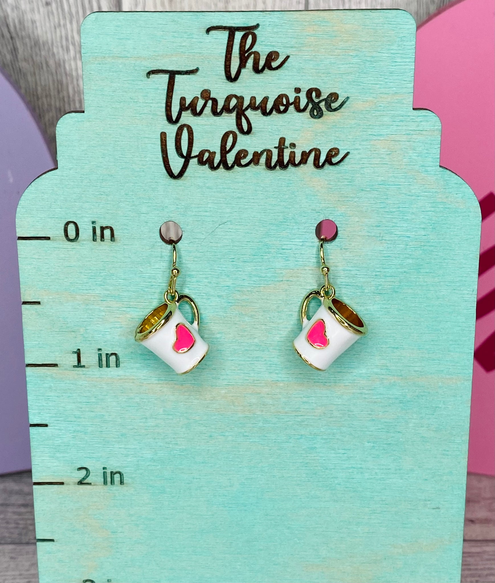 Pink and white valentine cup earrings