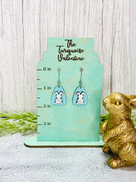 Distressed bunny on blue earrings