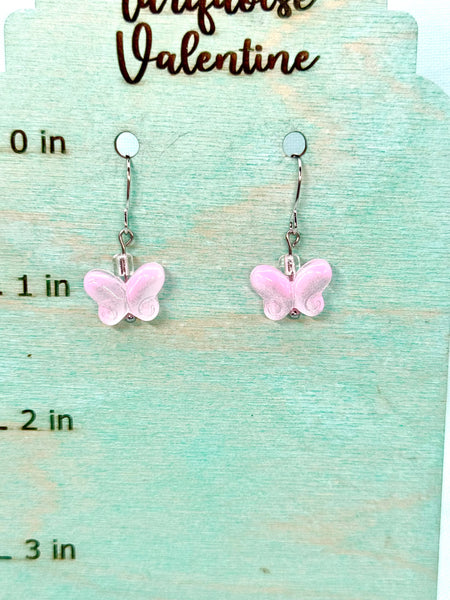 Pink glass butterfly earrings